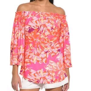 Julian Chang Andrea Island Pink‎ Orange Floral Off Shoulder Top Size M Resort